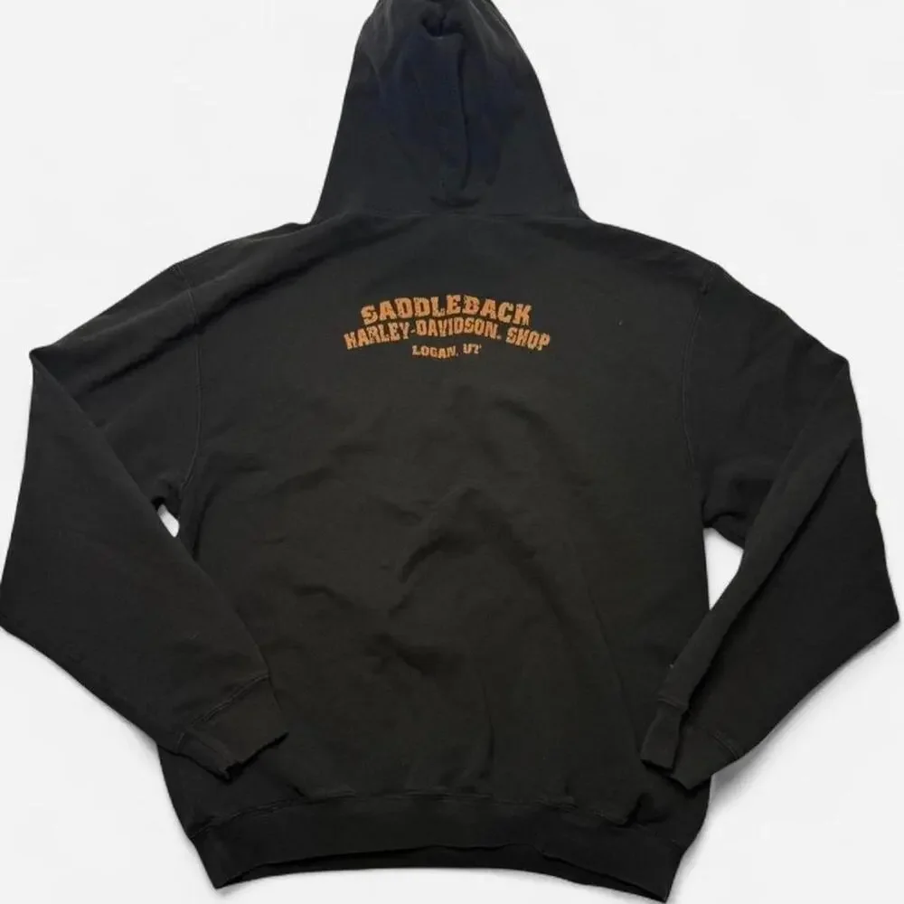 Harley Davidson Saddleback Logan UT Hoodie Y2K Spell Out Pullover Black Medium